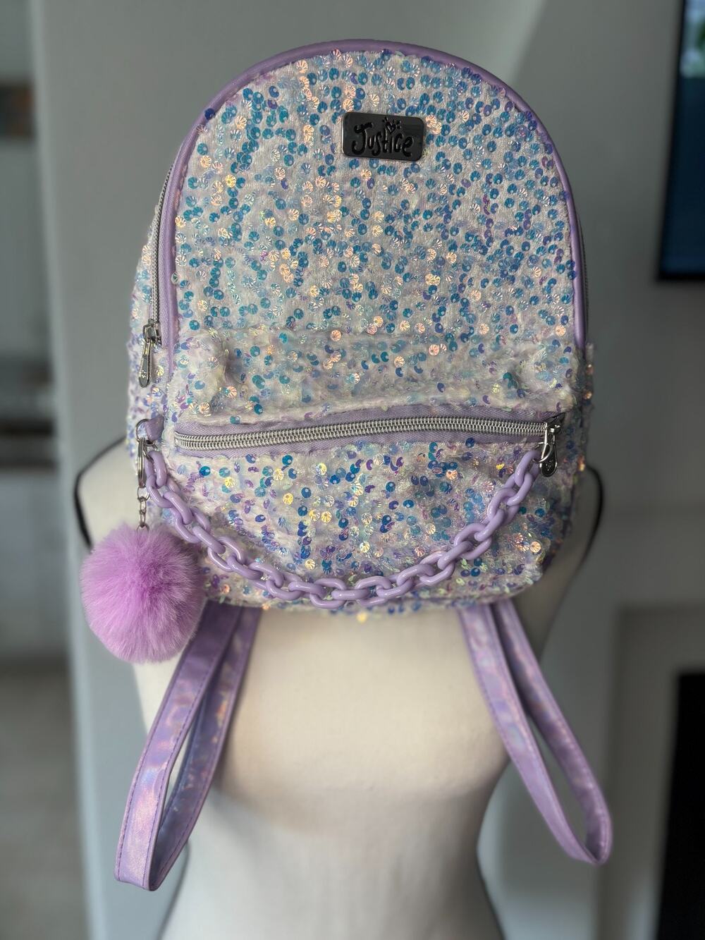 Justice Girls Iridescent Purple Sequin Mini Backpack NEW